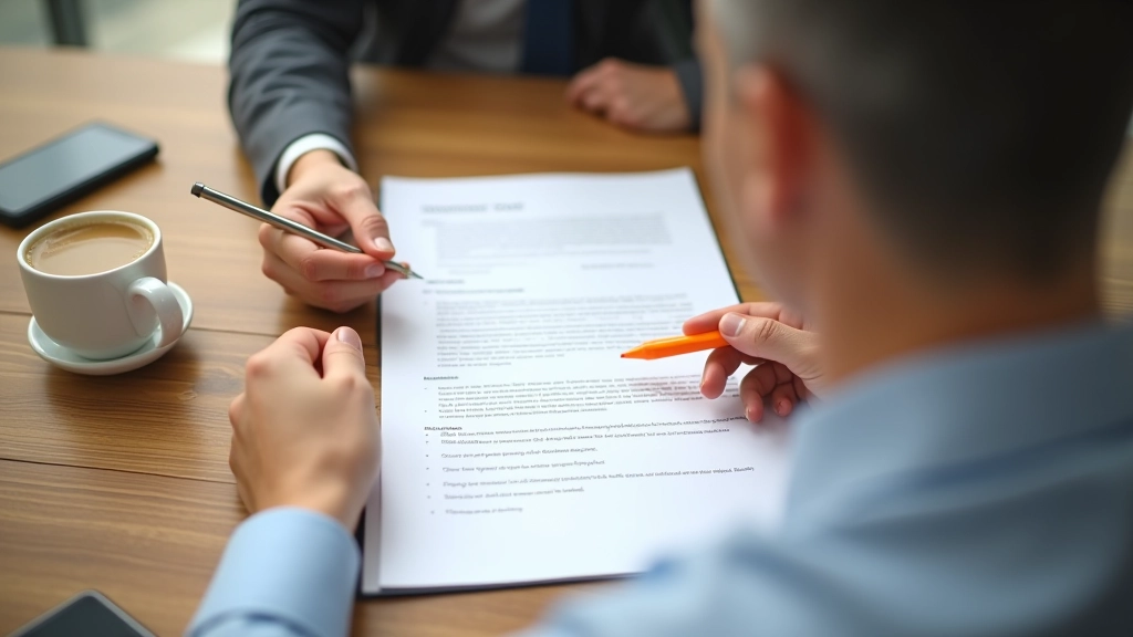Close-up of hands marking notes on a contract with a highlighter pen and coffee nearby