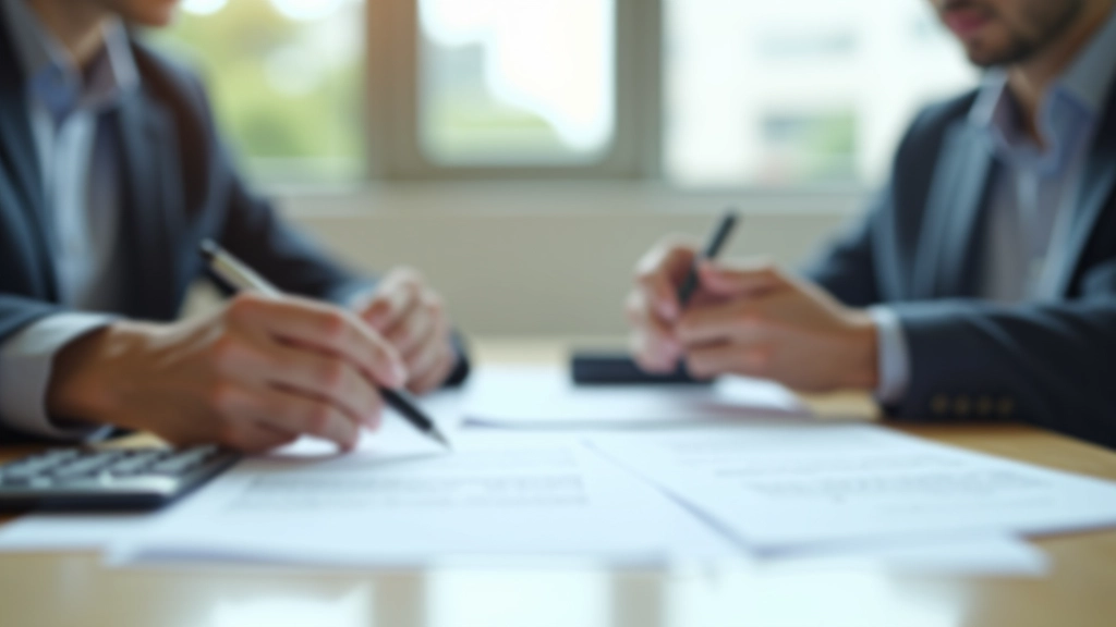 Two professionals reviewing lease documents at a modern office desk with calculator and pen